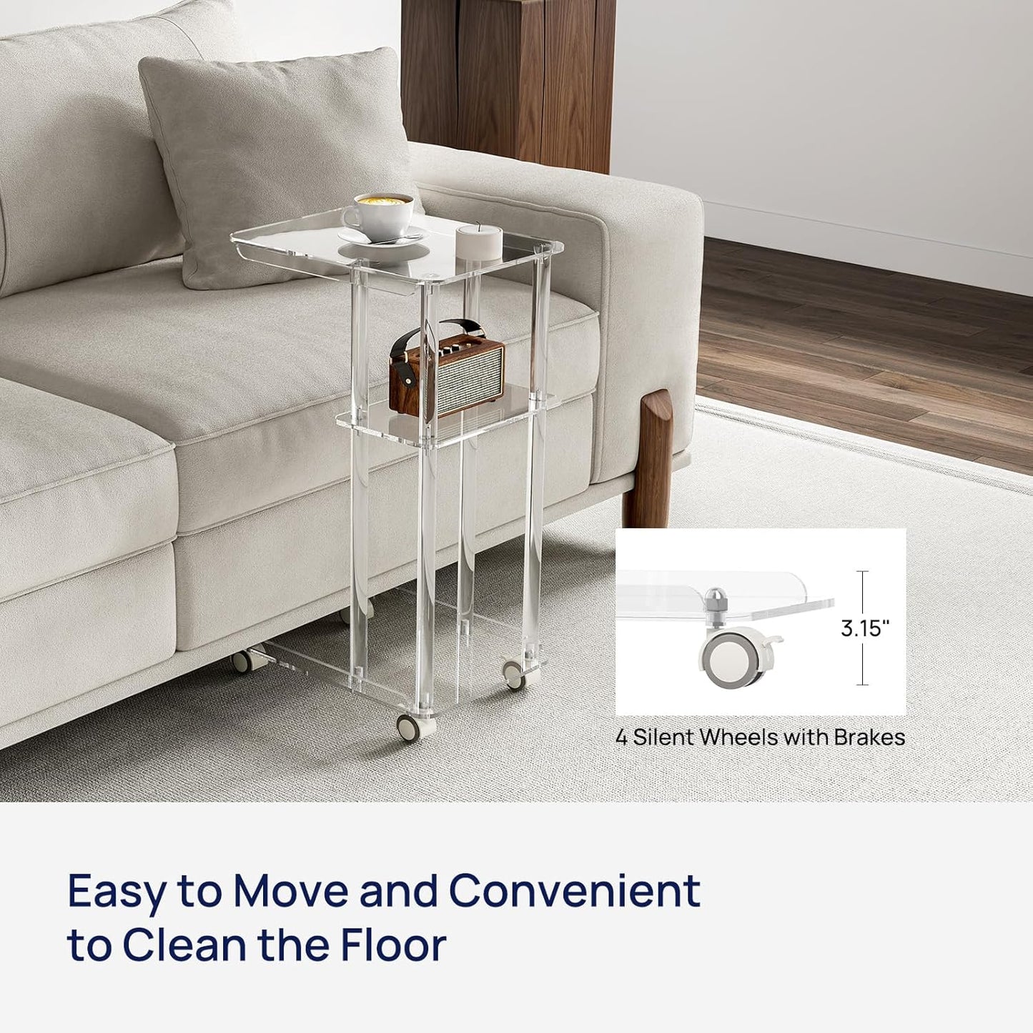 HMYHUM Acrylic C Shaped Table with Wheels, Clear Rolling Side/End Table for Couch, Living Room, Bedroom, Slide Under Sofa Table for Small Spaces, 15.6" L x 11.6" W x 27" H