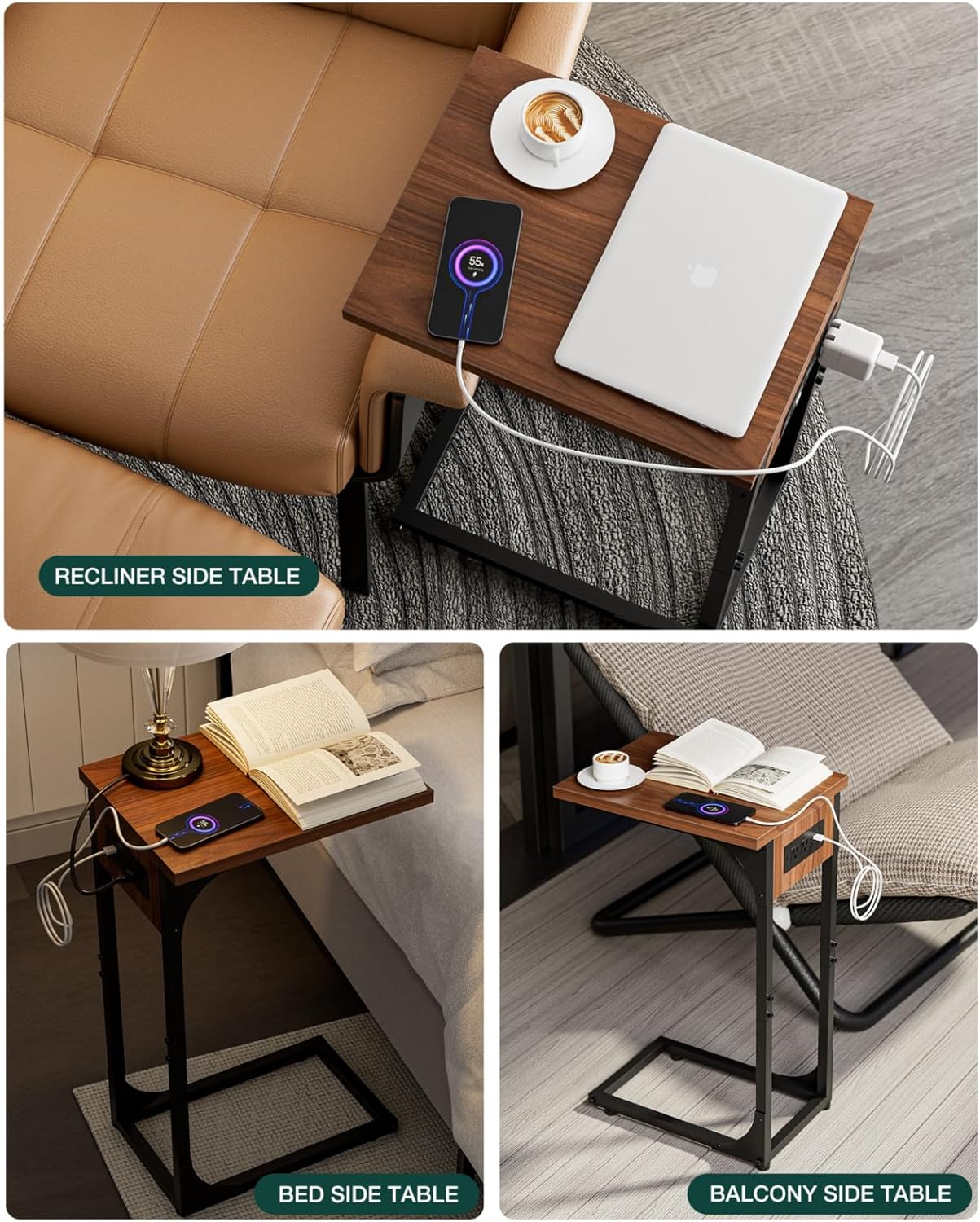 C-Shaped Side Table for Couch - Small Coffee Stand Sofa Tray Desk with Metal Frame Waterproof Scratch Resistant Wood Top and Built-in Charging Station, Rustic Walnut