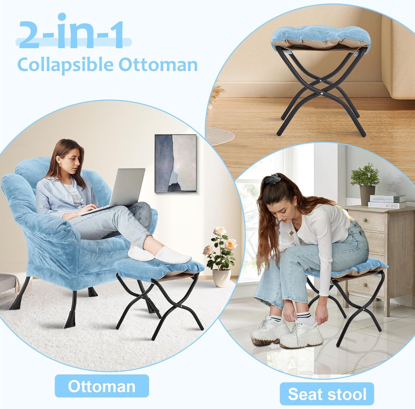 Fabric Lazy Chair with Ottoman, Oversized Upholstered Sofa Chair for Adults, Plush Comfy Lounge Chair with Large Side Storage Pocket, Reading Chair for Living Room, Bedroom, Study Room, Blue