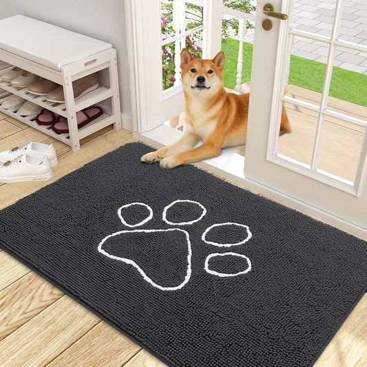 OLANLY Door Mat for Muddy Dog Paws 48x30, Ultra Absorbent Chenille Mud Doormat with Paw Print Design, Non-Slip Washable Doormat for Indoor Entryway, Quick-Dry Pet Bed Mats for Dirty Dogs, Dark Grey
