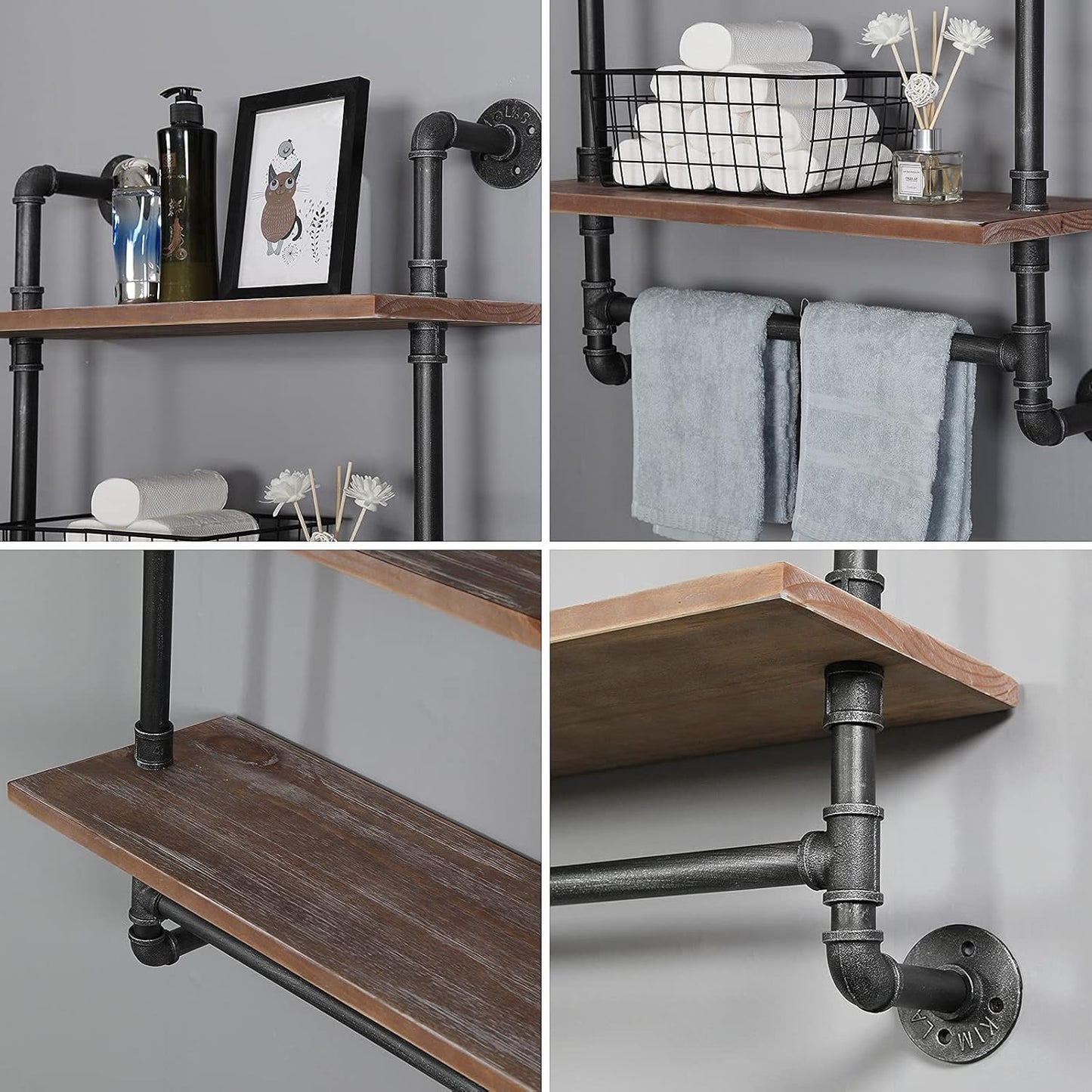SSS Furniture Industrial Pipe Shelf Bathroom Shelves Wall Mounted, 2 Tier 19.6in Rustic Wood Floating Shroom Decor Wall Shelfelves with Towel Bar, Farmhouse Rustic Bath