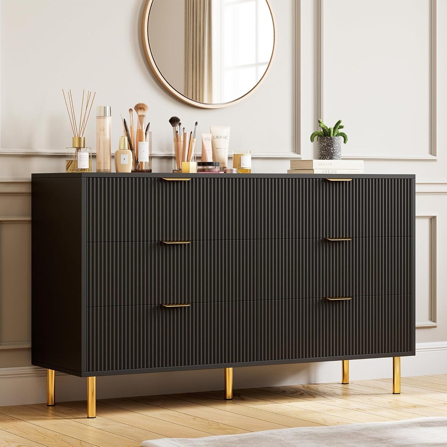 GarveeHome Black Dresser, Modern 6 Drawer Dresser for Bedroom with Gold Handle and Large Drawer, Wood Double Chest of Drawers and Storage Organizer for Living Room, Hallway, Entryway