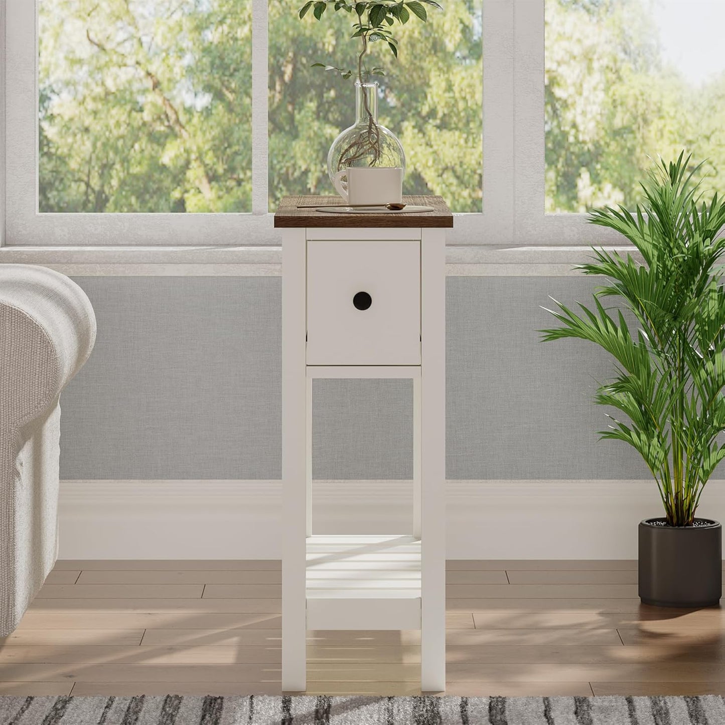 ChooChoo Narrow End Table, Small Side Table for Small Spaces, Slim End Table with Drawer, Narrow Nightstand Bedside Table for Living Room Bedroom, White, 2 Pack