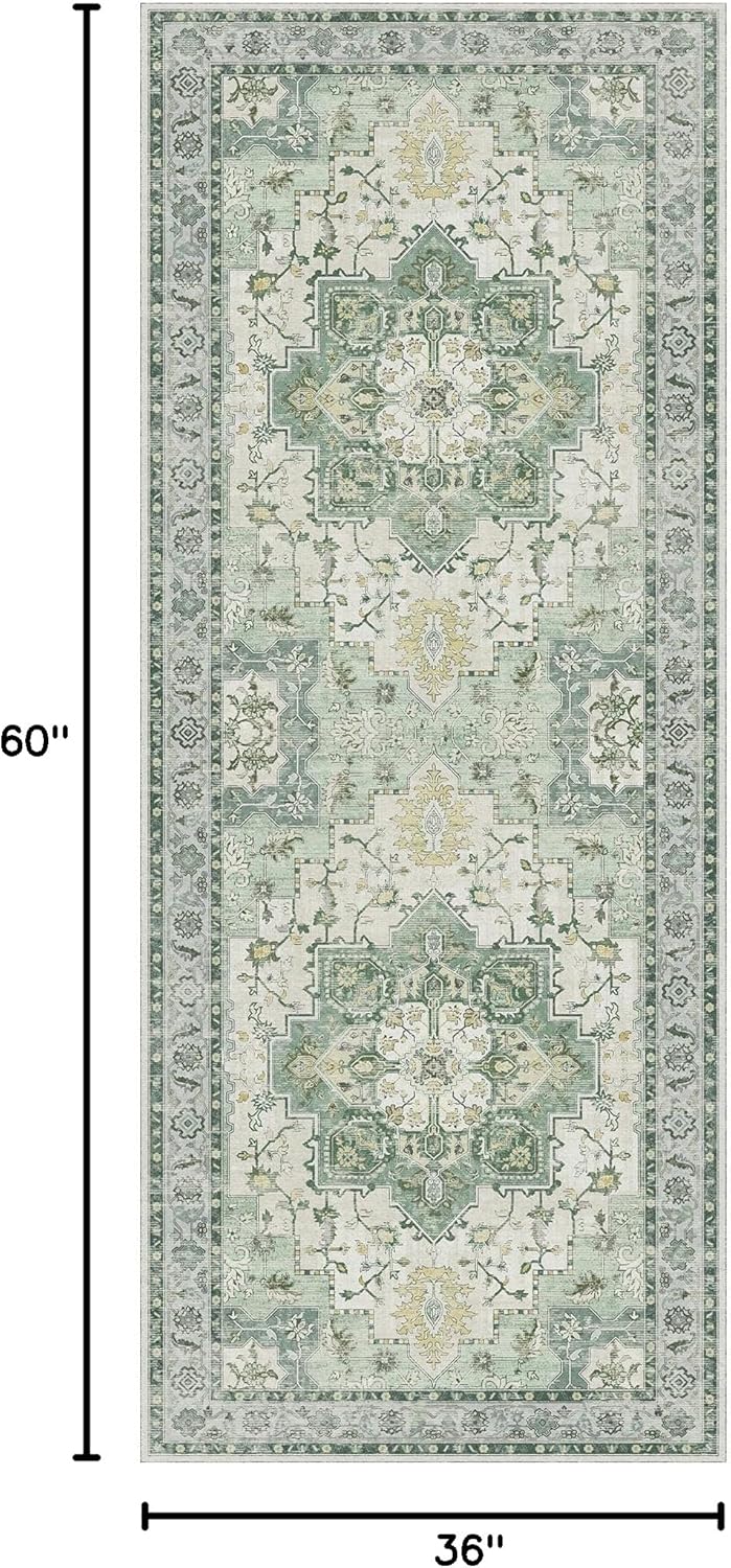 GENIMO 3x5 Area Rugs for Living Room, Machine Washable Non Slip Vintage Rugs, Low Pile Lightweight Chenille Print Rug for Bedroom, Dining Room, Home Office, Green