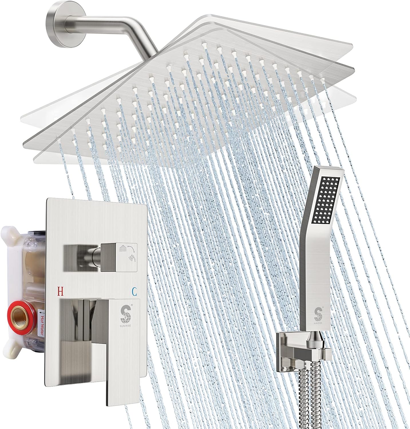 SR SUN RISE Shower Faucet Set - Shower Valve with 8 Inch Rainfall Shower Head and Handheld Shower - Wall Mounted Shower System with Rough In Valve and Shower Faucet Trim Repair Kits - Brushed Nickel
