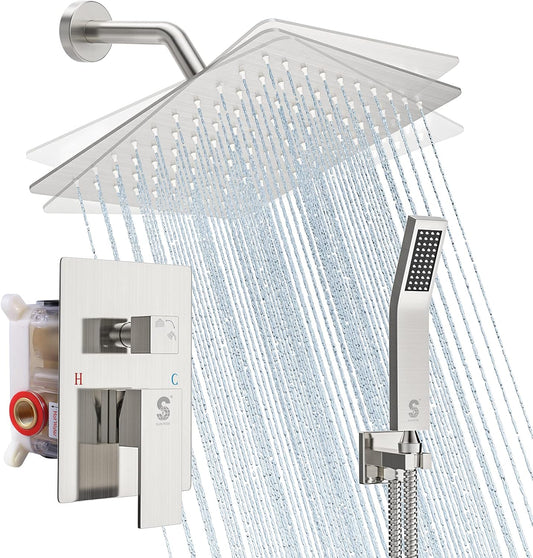 SR SUN RISE Shower Faucet Set - Shower Valve with 8 Inch Rainfall Shower Head and Handheld Shower - Wall Mounted Shower System with Rough In Valve and Shower Faucet Trim Repair Kits - Brushed Nickel