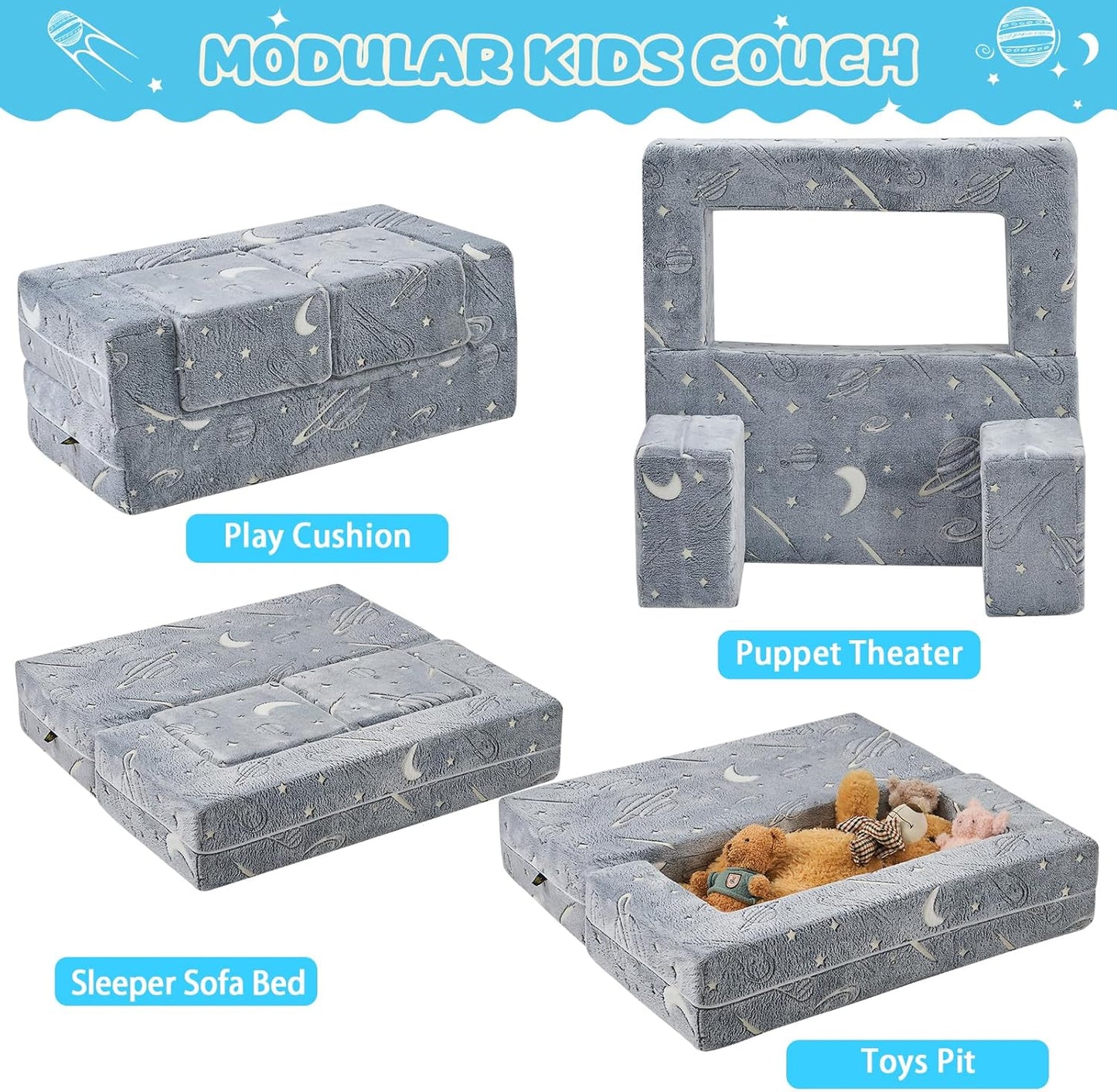 Kids Couch Sofa Modular Toddler Couch, Glow in The Dark 3 in 1 Fold Out Kids Sofa with Washable and Durable Covers for Boys, Galaxy Stars