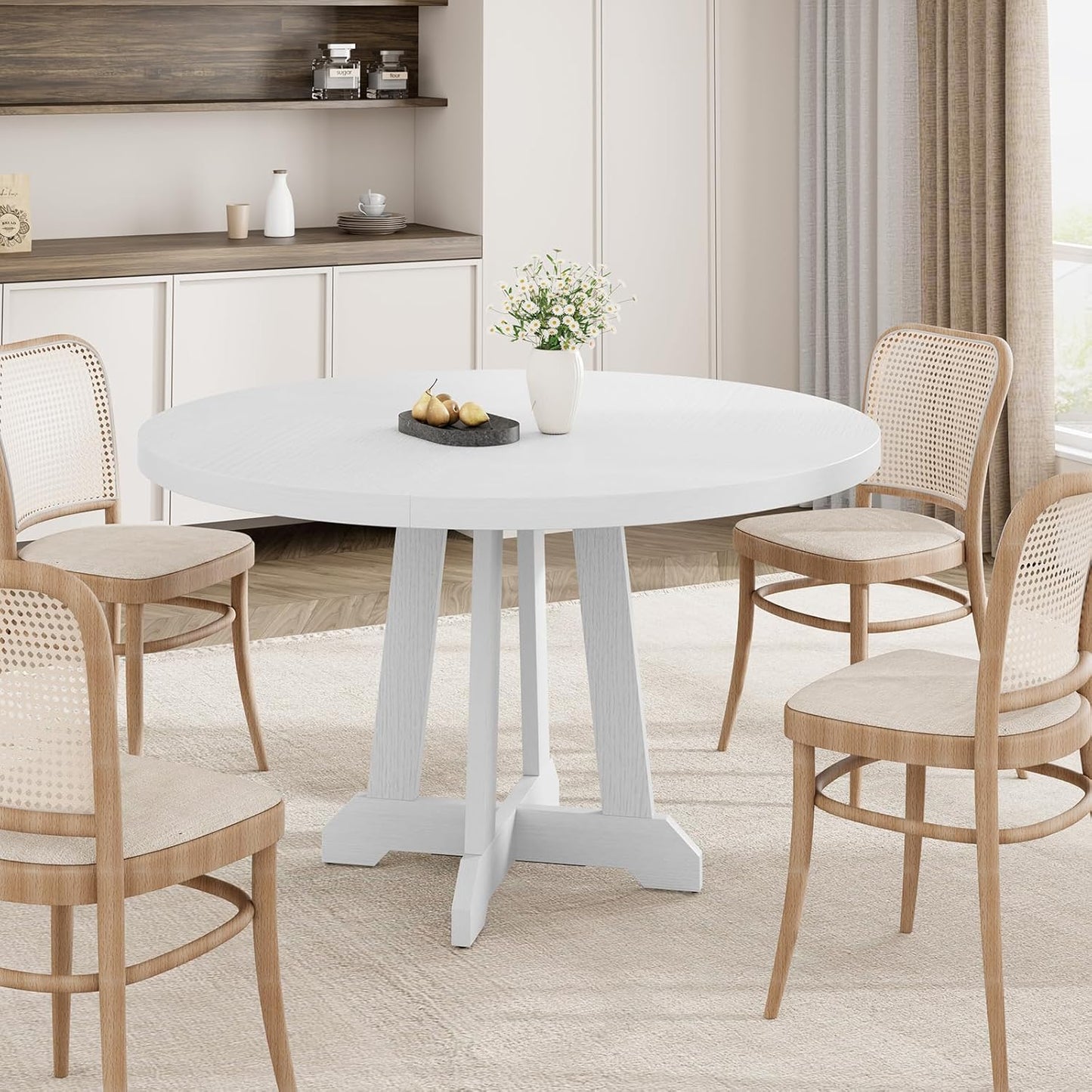 GarveeHome Round Dining Table for 4,Kitchen Dining Room Circle Dinner Pedestal Table,Space Saving Wood Kitchen & Dining Room Furniture,White 47-inch Diameter