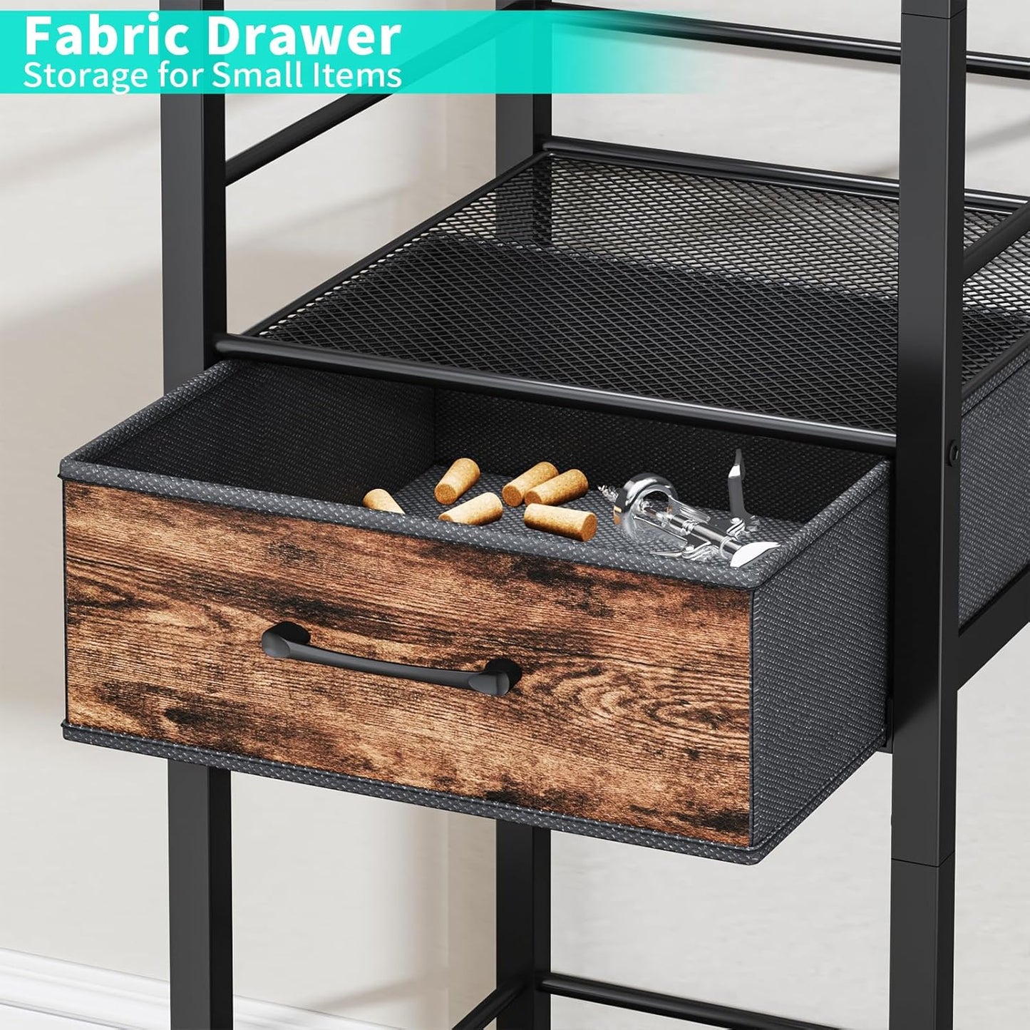 HapiRm Wine Rack Freestanding Floor - 4-Tier Stepped Liquor Cabinet Bar Stand for Home with Fabric Drawer, Wine & Glass Organizer for Living Room, Kitchen, or Dining Room