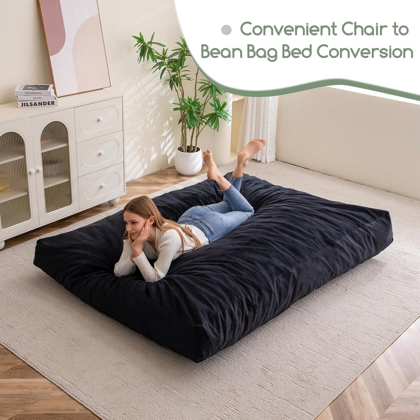 HIGOGOGO Giant Bean Bag Chair Bed for Adults,Convertible Beanbag Folds from Lazy Chair to Floor Mattress Bed,Large Floor Sofa Couch with High-Density Foam Filling, Machine Washable