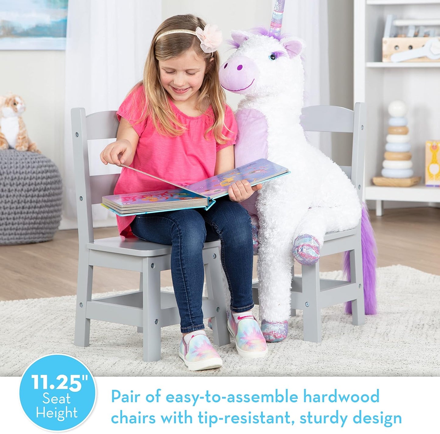 Melissa & Doug Wooden Chairs, Set of 2 - Gray Furniture for Playroom - Kids Wooden Chairs, Children's Wooden Playroom Furniture