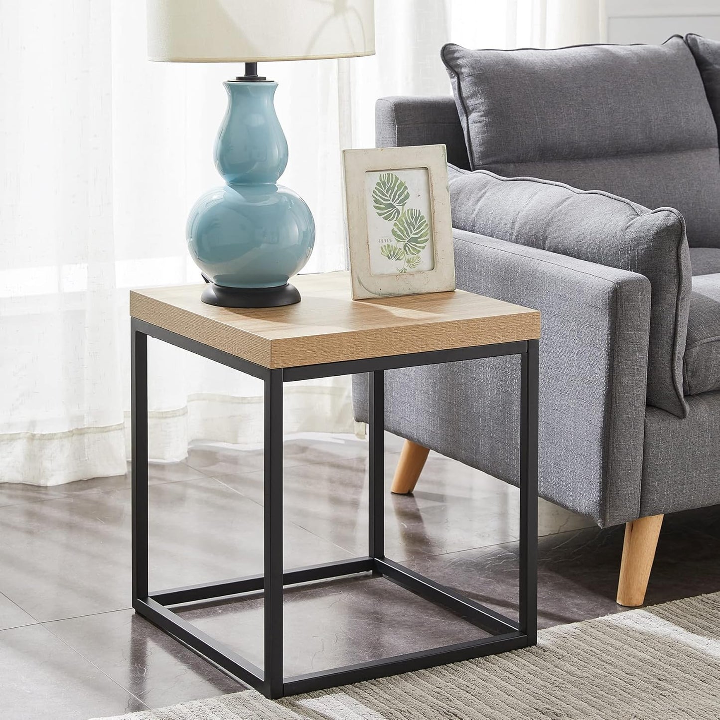 CENSI 18-Inch Natural Oak Accent End Table/Side Table for Living Room, Modern Industrial, Square, Metal and Wood (Natural Wood)