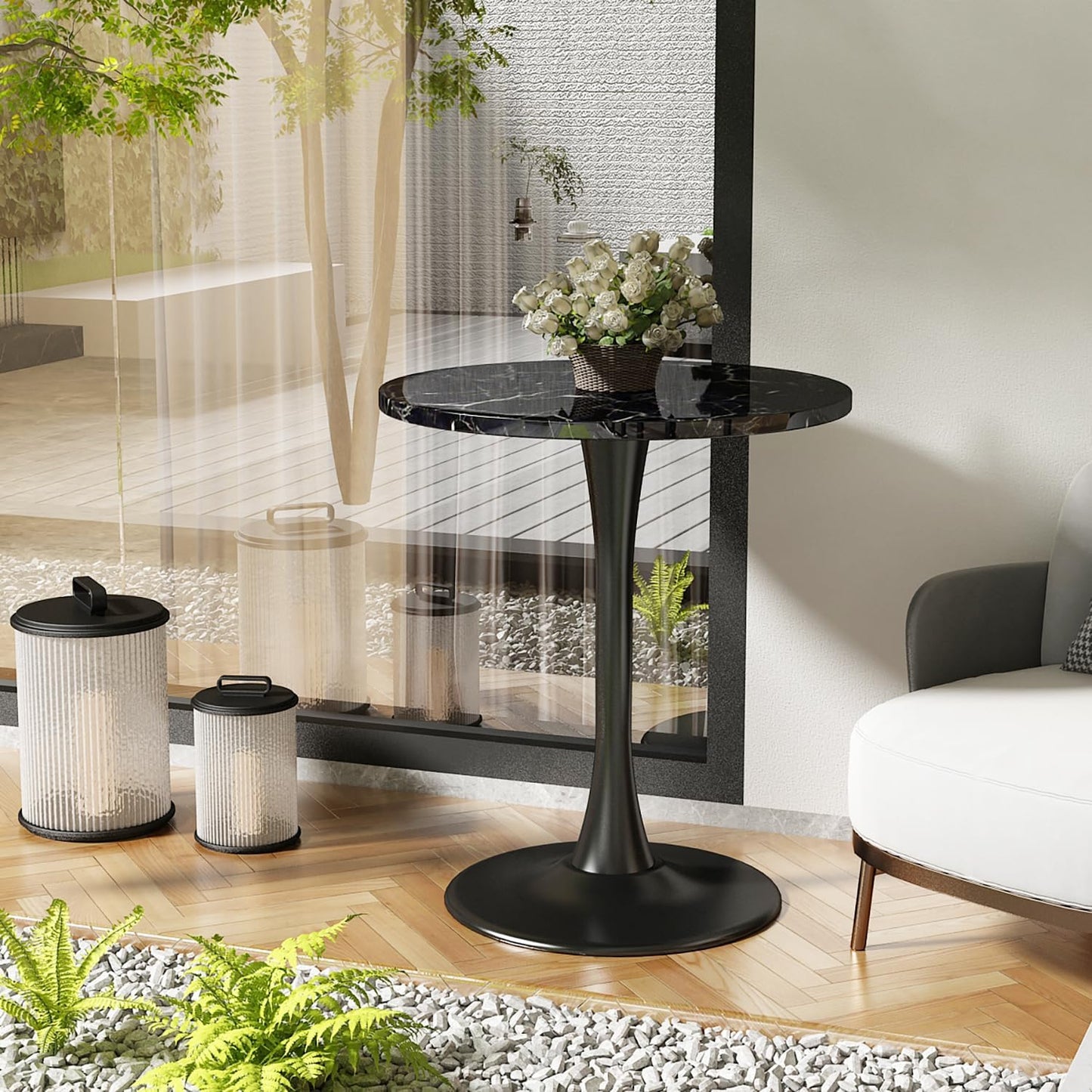 Black Round Table Modern Dining Table Marble Texture Tulip Round Kitchen Table Mid Century Coffee Table for Living Room, 24 inch