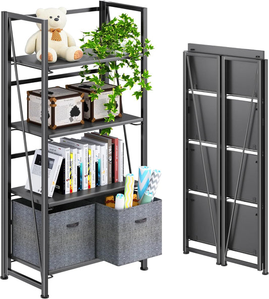 4NM No-Assembly Folding Bookshelf Storage Shelves 4 Tiers Vintage Bookcase Standing Racks Study Organizer Home Office (All Black)