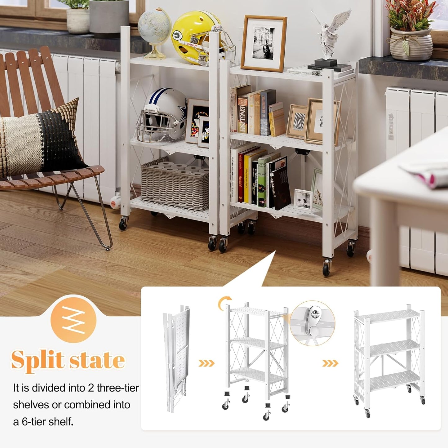 BAYOYONI 6 Tier Industrial Bookshelf - Storage Shelves with Two Usage Modes - Foldable Metal Bookshelves for Living Rooms, Offices, and Bedrooms (White, 6 Tier)