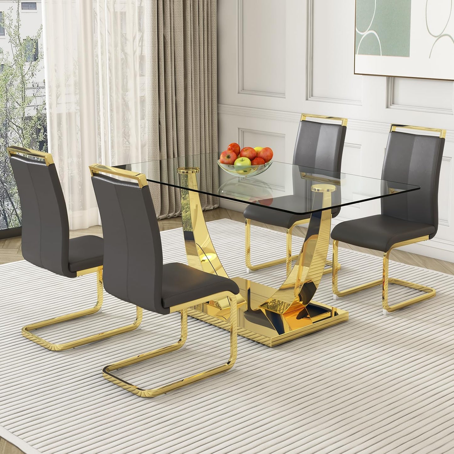 Modern Dining Chairs Set of 4,High Back Grey Kitchen Chairs,Faux Leather Side Chair with Gold Plated Metal Legs,Easy to Clean Upholstered Dining Chairs,Ideal for Living Room(Gold Leg)