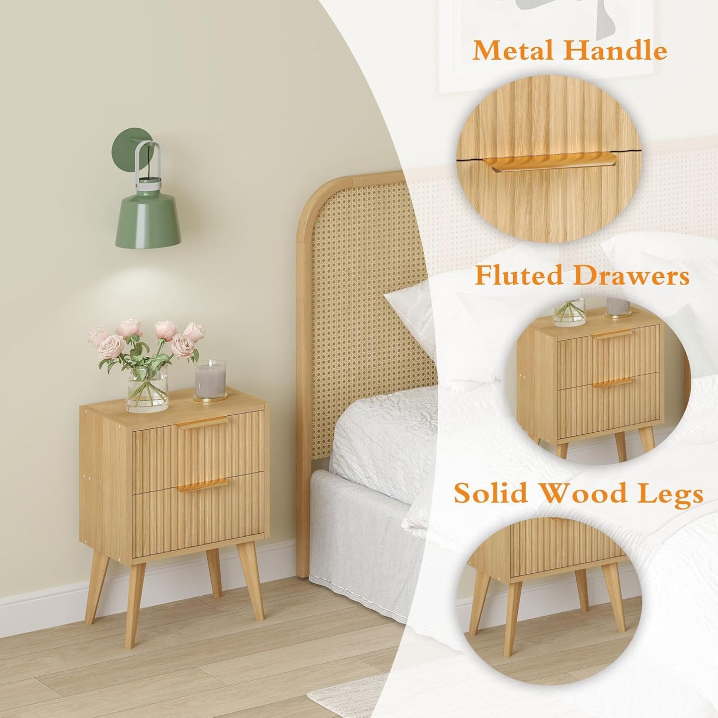 Fluted Nightstand with 2 Drawers,Modern Bedside Table with Metal Handles,White Side Table with Solid Wood Legs,Mid Century End Table for Living Room,Bedroom,Natural CTG55Y