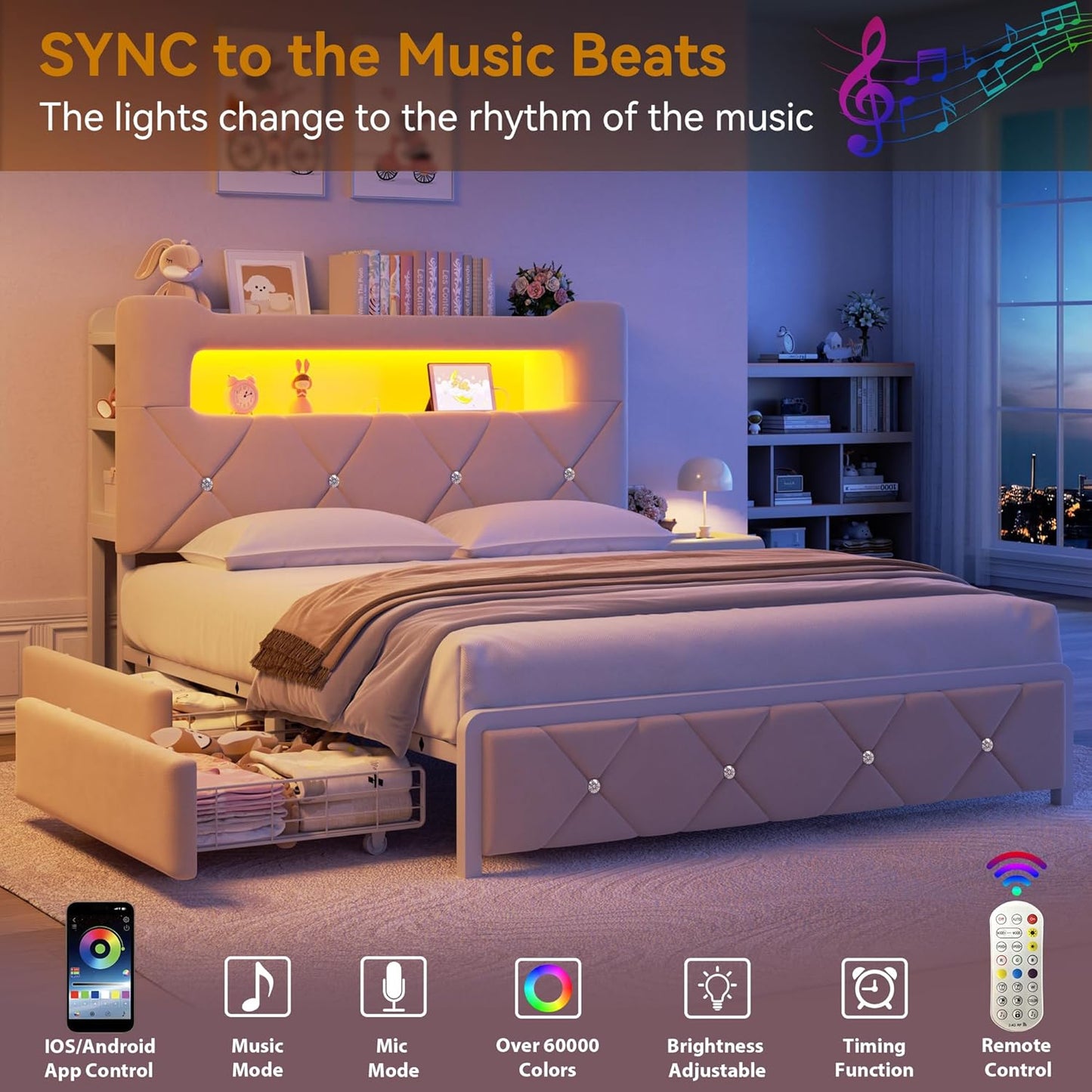 Queen Upholstered LED Bed Frame with 2 Storage Drawers and 2-Tier Storage Headboard,Velvet Princess Platform Bed with Charging Station & Bookcase, Corner Bed Frame, Heavy Duty Metal Support, Beige