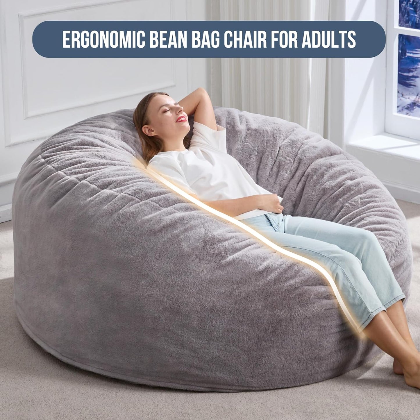 Hobestluk 5ft Bean Bag Chairs for Adults Large Beanbag Chair with Plush Faux Fur Cover Big Bean Bag Chair for Living Room Bedroom Dorm Office - Grey (50” x 50” x 24”)