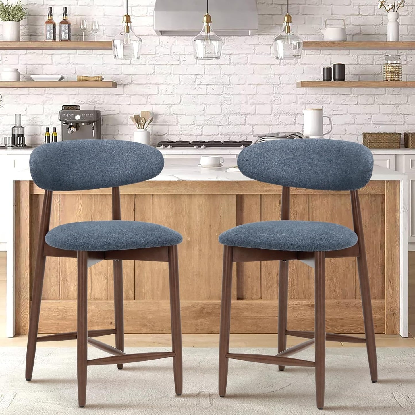 Upholstered Counter Height Bar Stools Set of 2, Modern Kitchen Island Barstools Chairs with Back and Wood Legs for Dining Room Bar, Blue