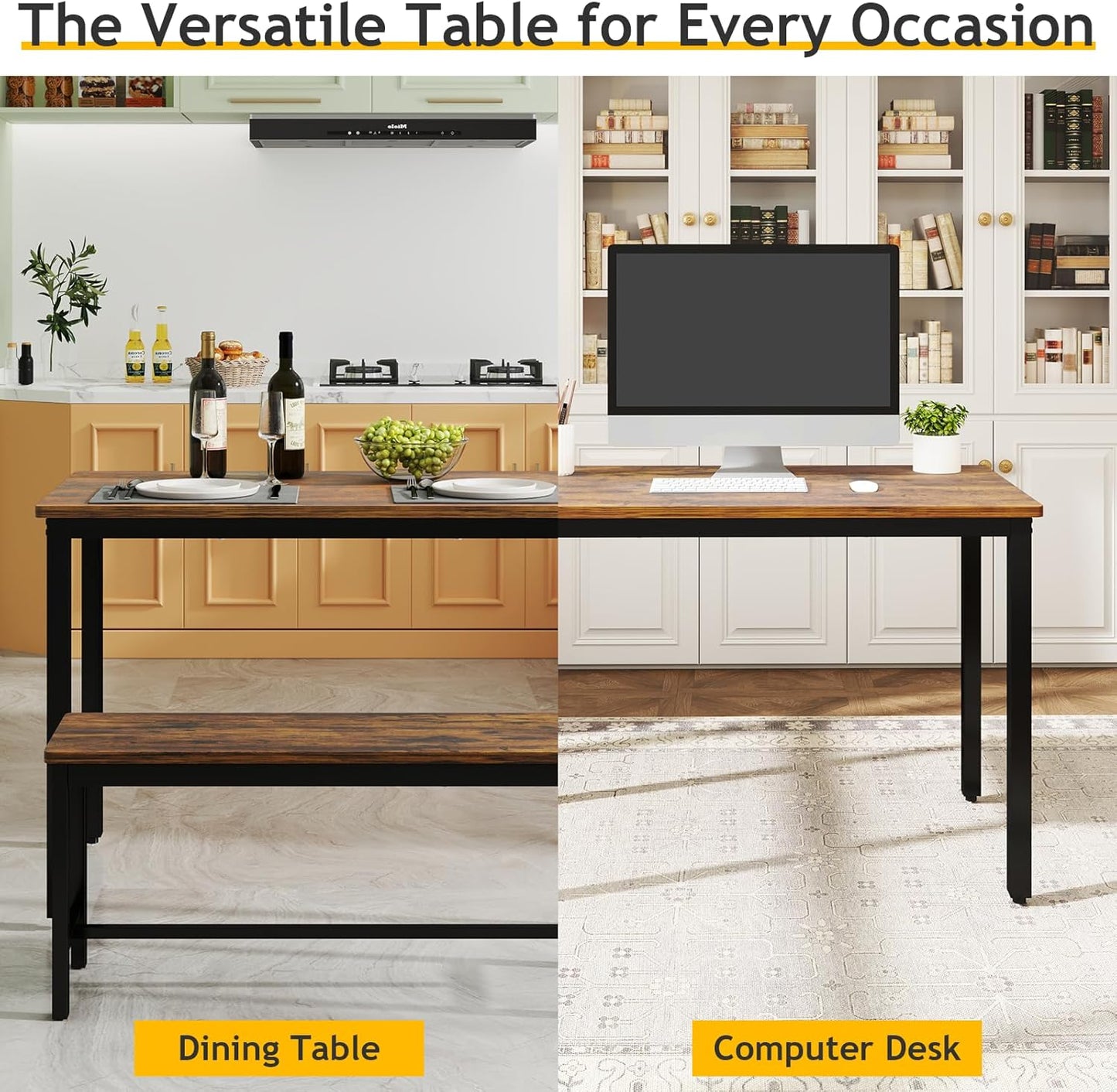 Rovibek Dining Table Set for 4 with 2 Benches – Space-Saving Kitchen Table Set for Kitchen & Dining Room, Brown