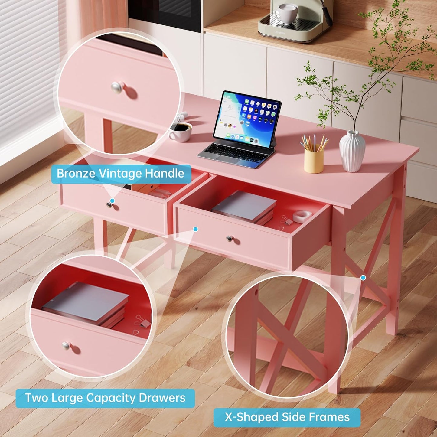 Writing Computer Desk with Drawers, Cute Modern Table for Bedrooms, Pink Vanity Table Office Desk with Drawers, Home Computer Desk for Girls Living Room Entryway, Pink