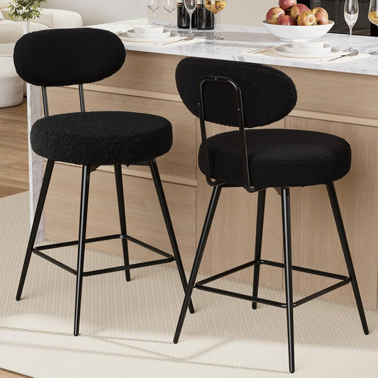 HOMMPA Counter Height Swivel Bar Stools Set of 2 Boucle Barstools 26'' Upholstered Modern Counter Barstools with Back Metal Legs Bar Stools Chairs for Kitchen Counter Island Black