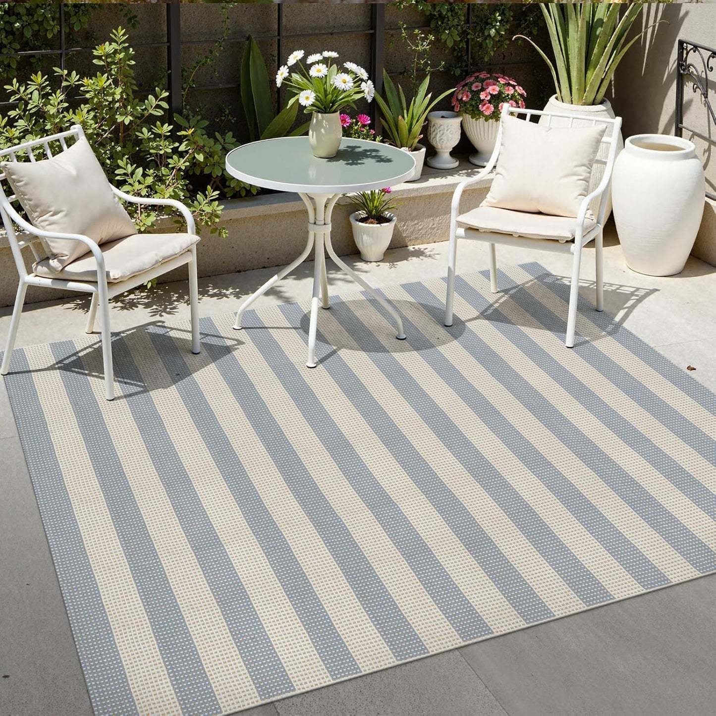 OJIA Striped Outdoor Area Rug 5'x7' Outdoor Rug, Washable Patio Rug Farmhouse Cotton Woven Bedroom Rugs Indoor Outdoor Rugs Living Room Carpet for Dining Room Deck Backyard Camping (Blue/White/Tan)