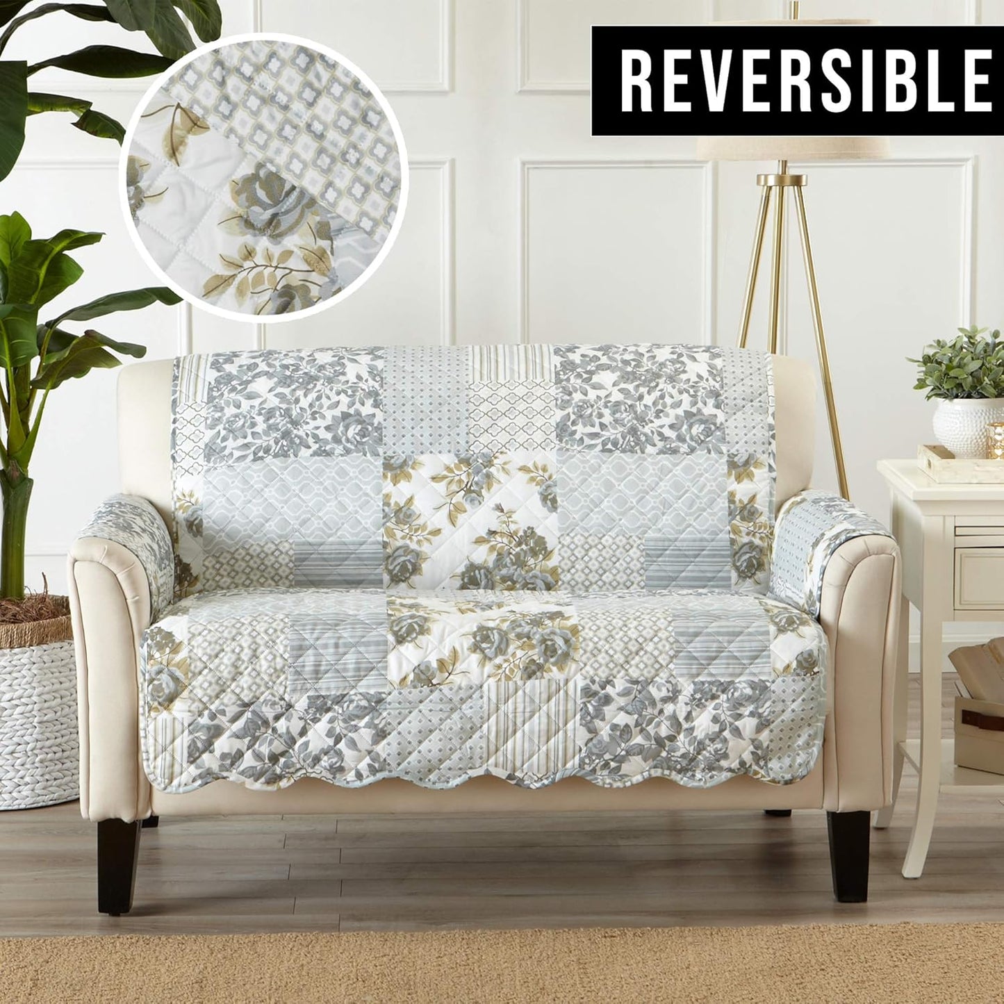 Patchwork Scalloped Printed Furniture Protector Stain Resistant Loveseat Cover (Loveseat, Grey)