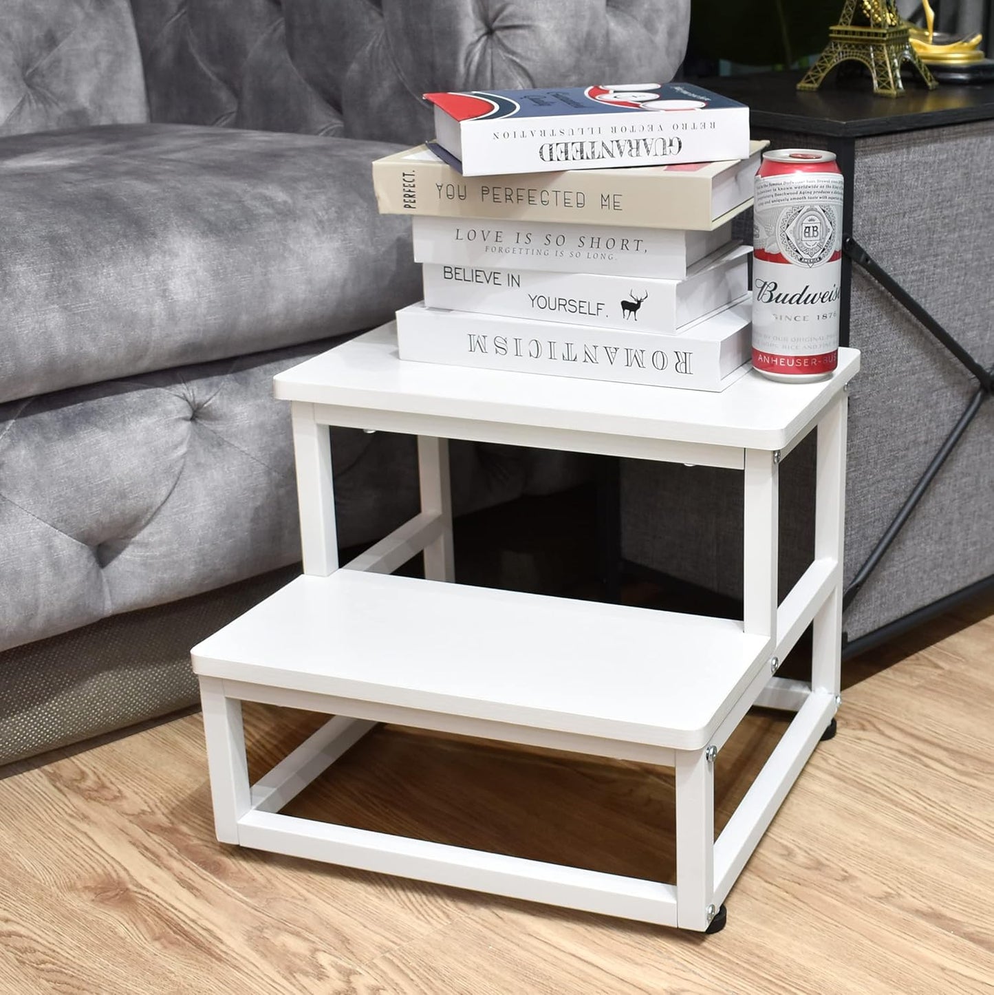 Nursery Step Stool, Wooden and Metal Foot Stool for Adult Kid, Steps for High Beds with Round Corners, Small Stepping Stool for Bedroom Kitchen, Load 500 LB, White