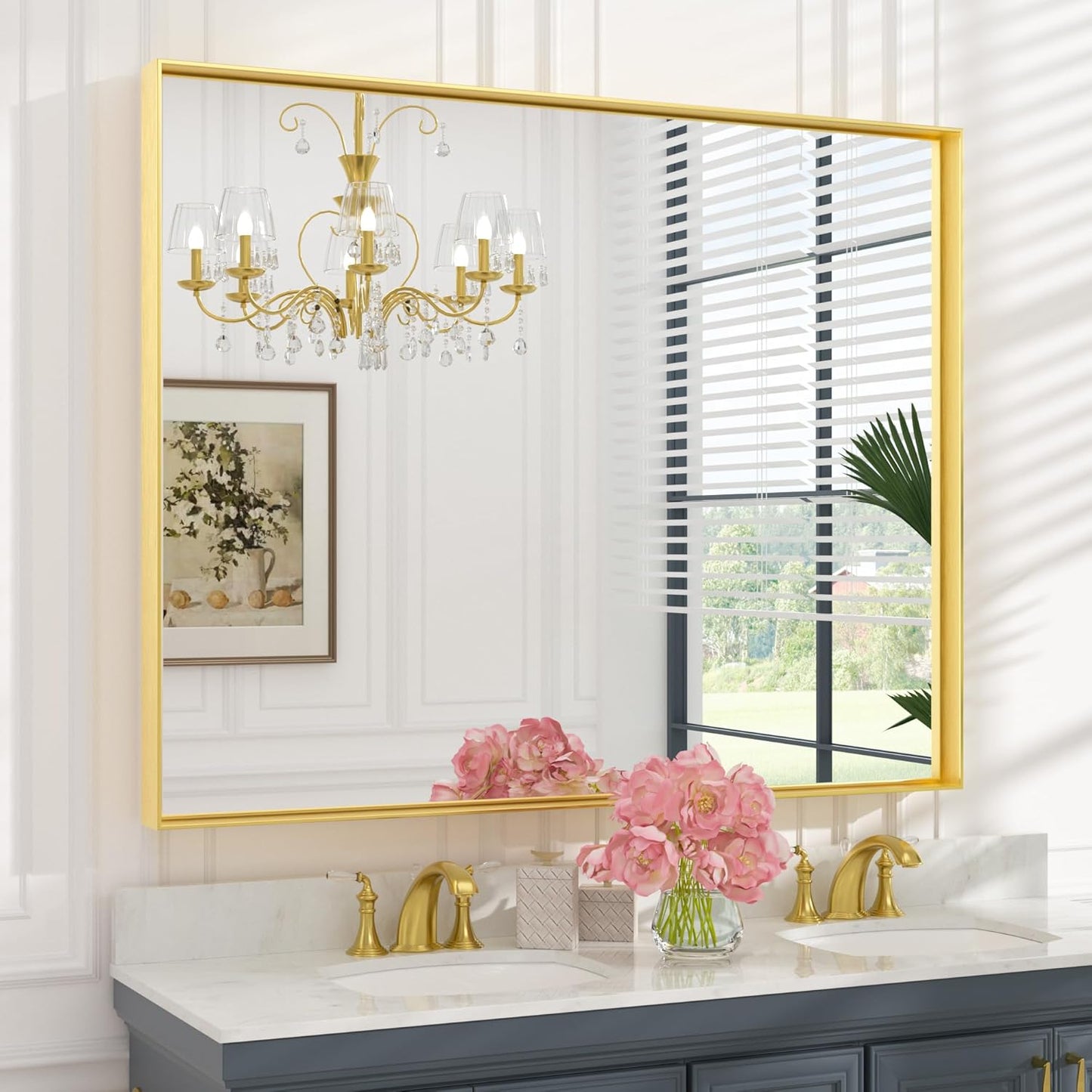 Keonjinn Gold Bathroom Mirrors 48” x 40” Rectangle Wall Vanity Mirror Large Metal Framed Brushed Gold Mirrors Square Corner Farmhouse Mirror for Over Sink(Horizontal/Vertical)