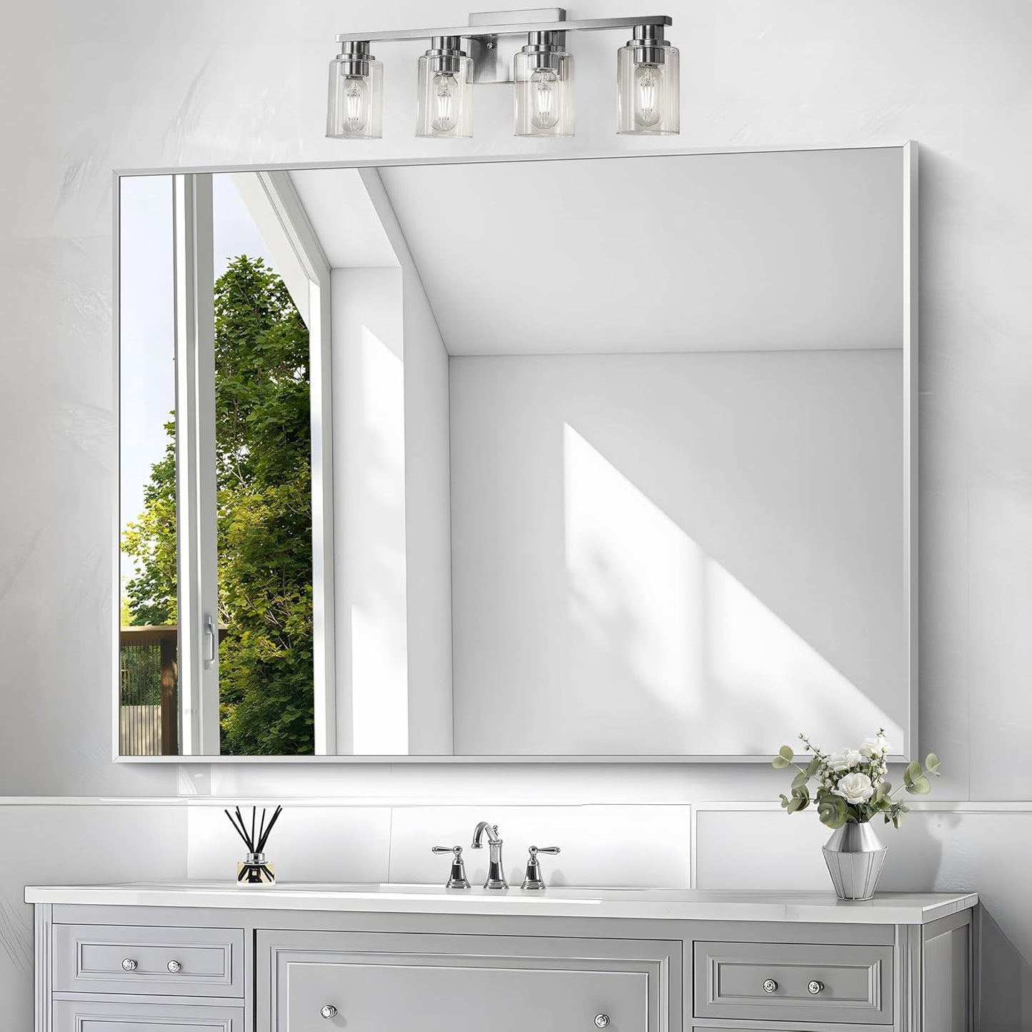 BONEWEI Silver Bathroom Mirror,36x48 inch Wall Mirror for Bathroom Wall Mounted,Large Rectangle Mirror for Bathroom Over Sink,Modern Metal Frame for Living Room,Bedroom Entryway,Horizontal/Vertical