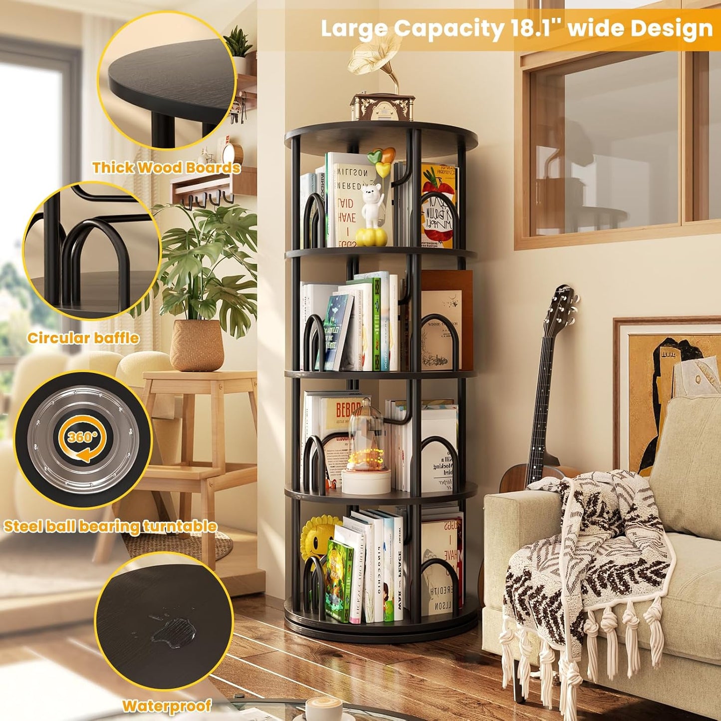 Aheaplus 4 Tier Rotating Bookshelf Tower, 360 Display Spinning Bookcase, Revolving Round Book Shelf Narrow Swivel Bookshelf, Vertical Turning Spiral Corner Book Organizer for Small Space, Black