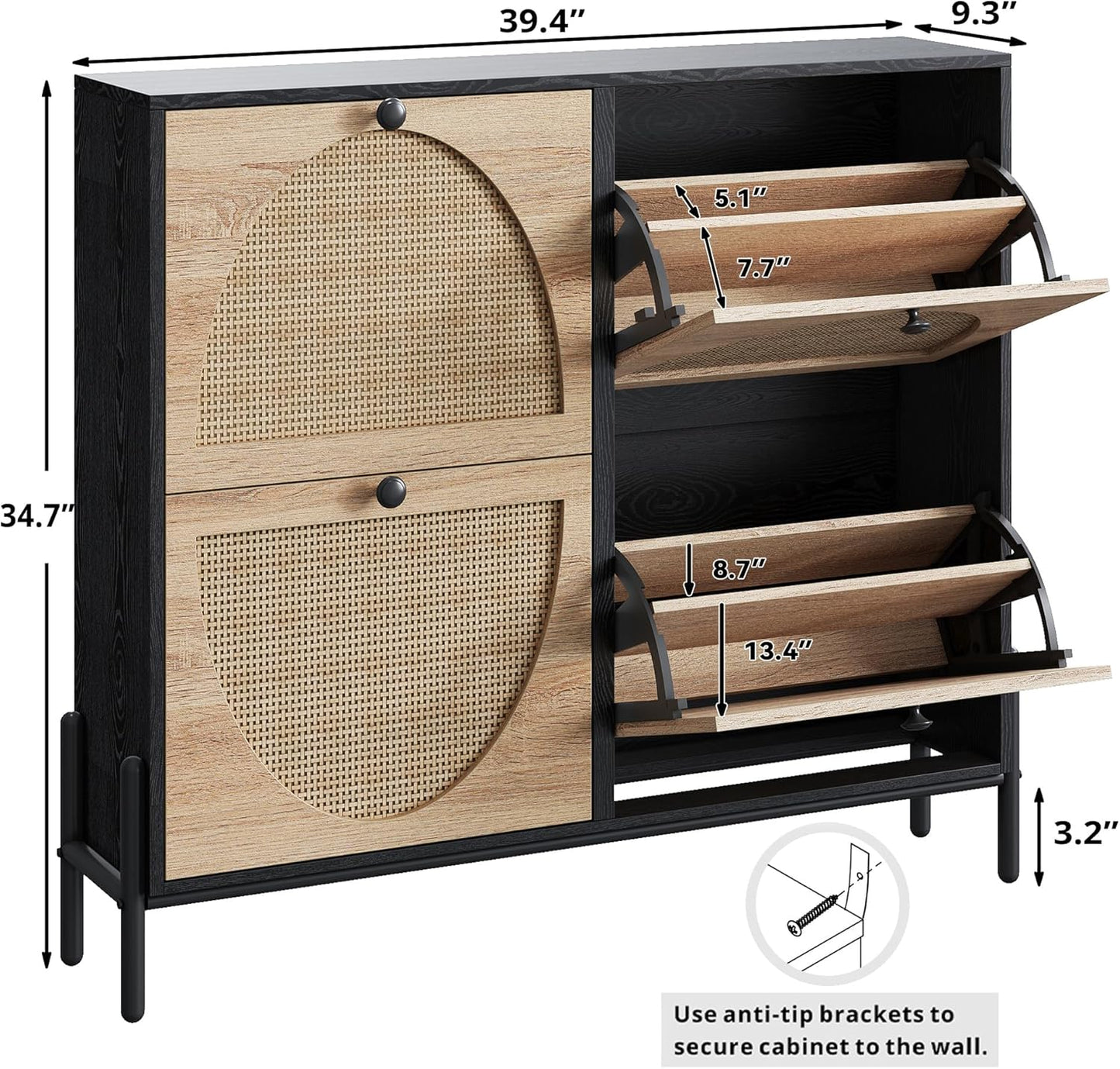 IRONCK Rattan Shoe Cabinet Storage with 4 Flip Drawers, Freestanding Shoe Storage Organizer Cabinet for Entryway, Narrow Shoe Rack Cabinet, Black