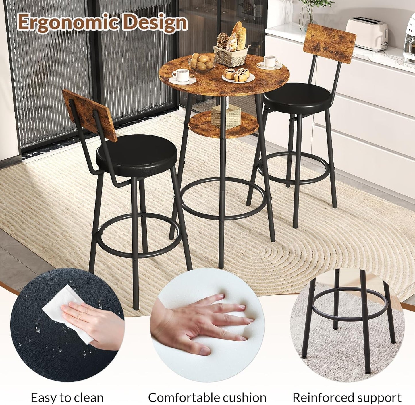 3 Pieces Round Bar Table Set, Small Dining Table for 2, Modern Kitchen Bar Table, Breakfast Table with Storage, 2 Thickened Cushion Stools with Backrest for Dining Room, Bistro-Brown
