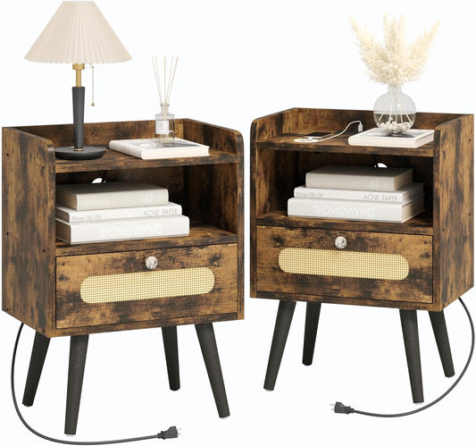Nightstands/Beside Table Set of 2 with Charging Station, End Table with Diamond Handle and Rattan-Style Drawer, Rustic Brown