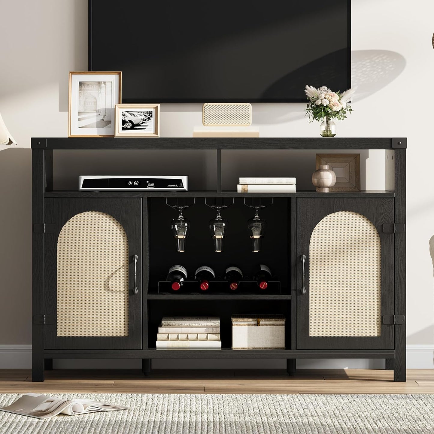 IDEALHOUSE Rattan Buffet Cabinet with Storage, Rattan Wine Bar Cabinet, Sideboard with Glass Holder, Adjustable Shelves, Coffee Bar Cabinet for Living Room Dining Room Hallway, Black