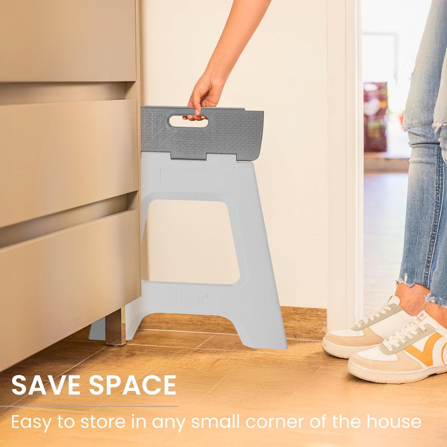 Vigar Compact Step Stool Foldable, 16-inch Step Stools for Adults up to 330 Pound, Lightweight Stool, Non-Slip Folding Step Stool, Gray