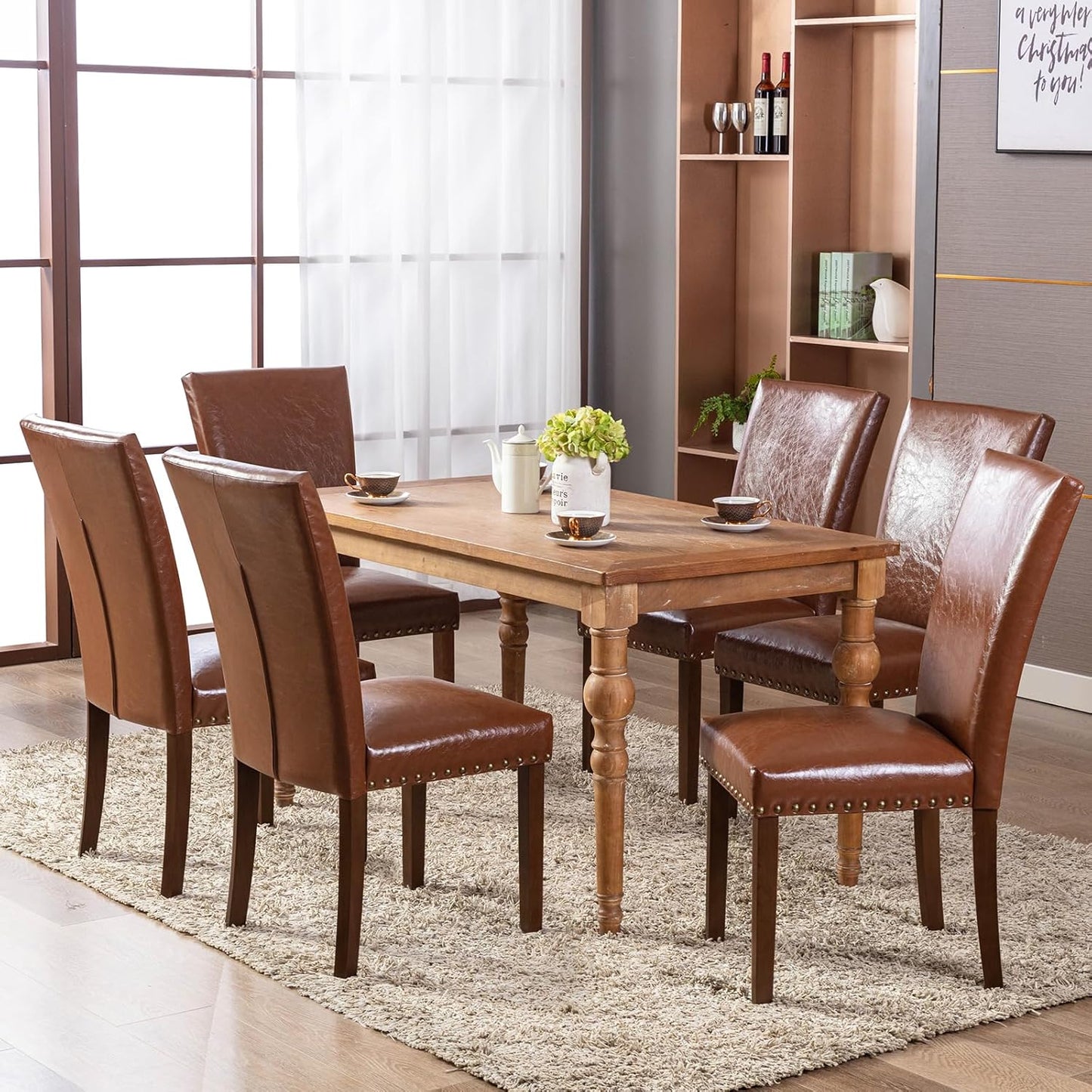COLAMY Upholstered Parsons Dining Chairs Set of 6, PU Leather Dining Room Kitchen Side Chair with Nailhead Trim and Wood Legs - Light Brown