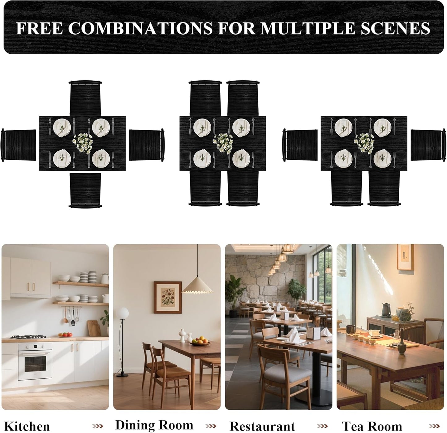 5 Piece Dining Table Set with 1.6" Thick Desktop, Modern Metal&Wood Kitchen Dinner Table with 4 Chairs, Dining Room Table Sets for Small Spaces, Black