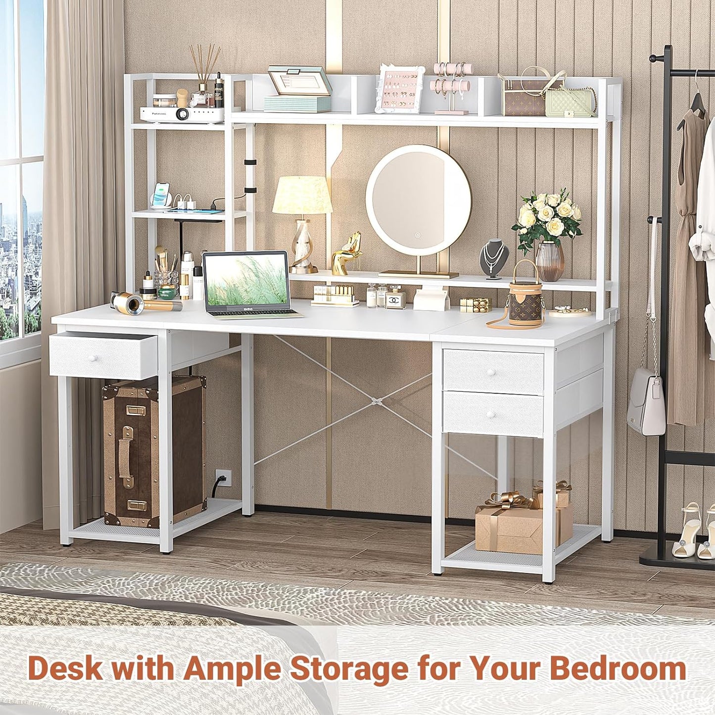 Aheaplus LED Gaming Desk with Hutch, 55.2" Workstation - White