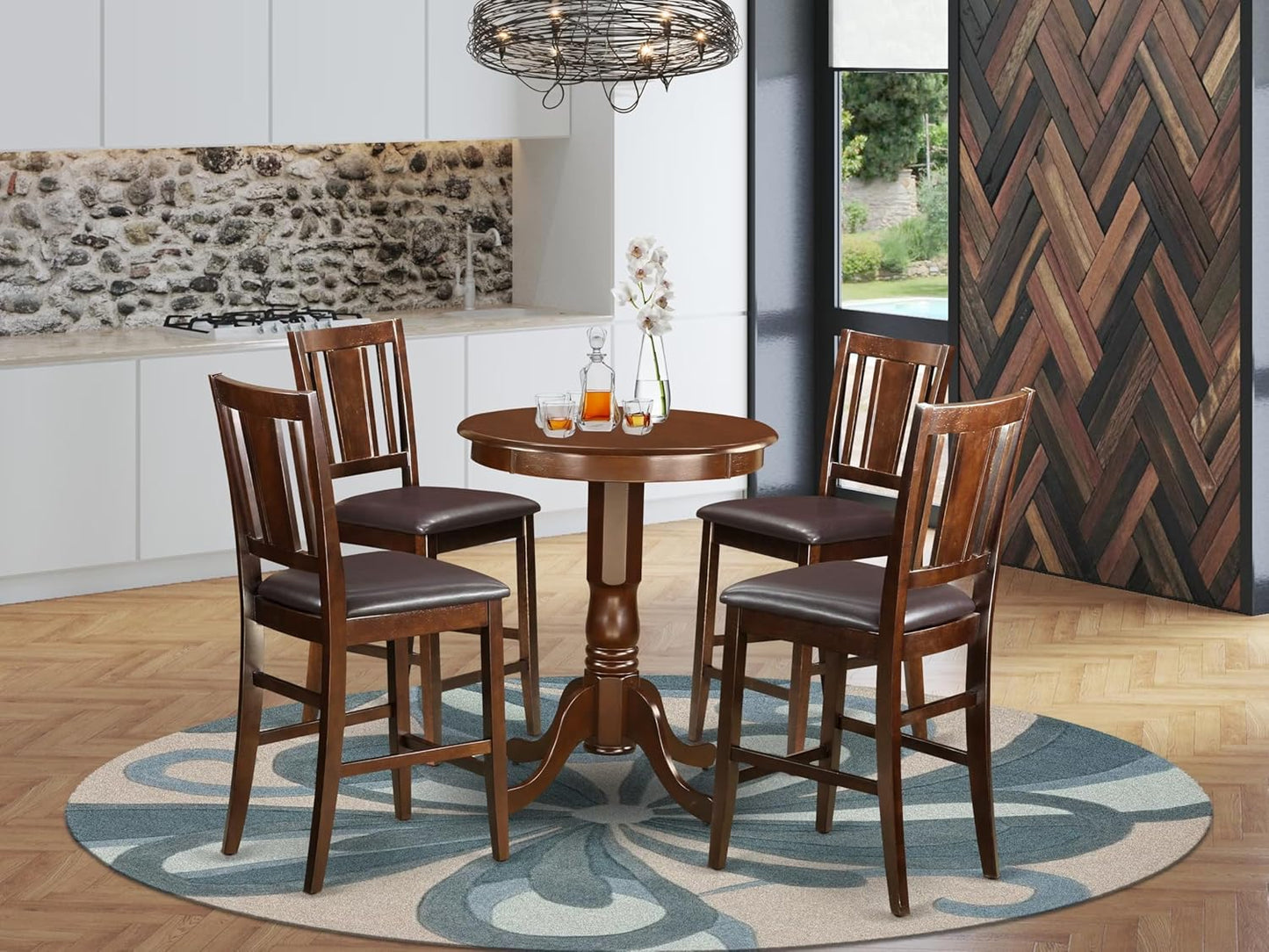 East West Furniture EDBU5-MAH-LC 5 Piece Counter Height Pub Set Includes a Round Dining Table with Pedestal and 4 Faux Leather Upholstered Kitchen Chairs, 30x30 Inch, Mahogany