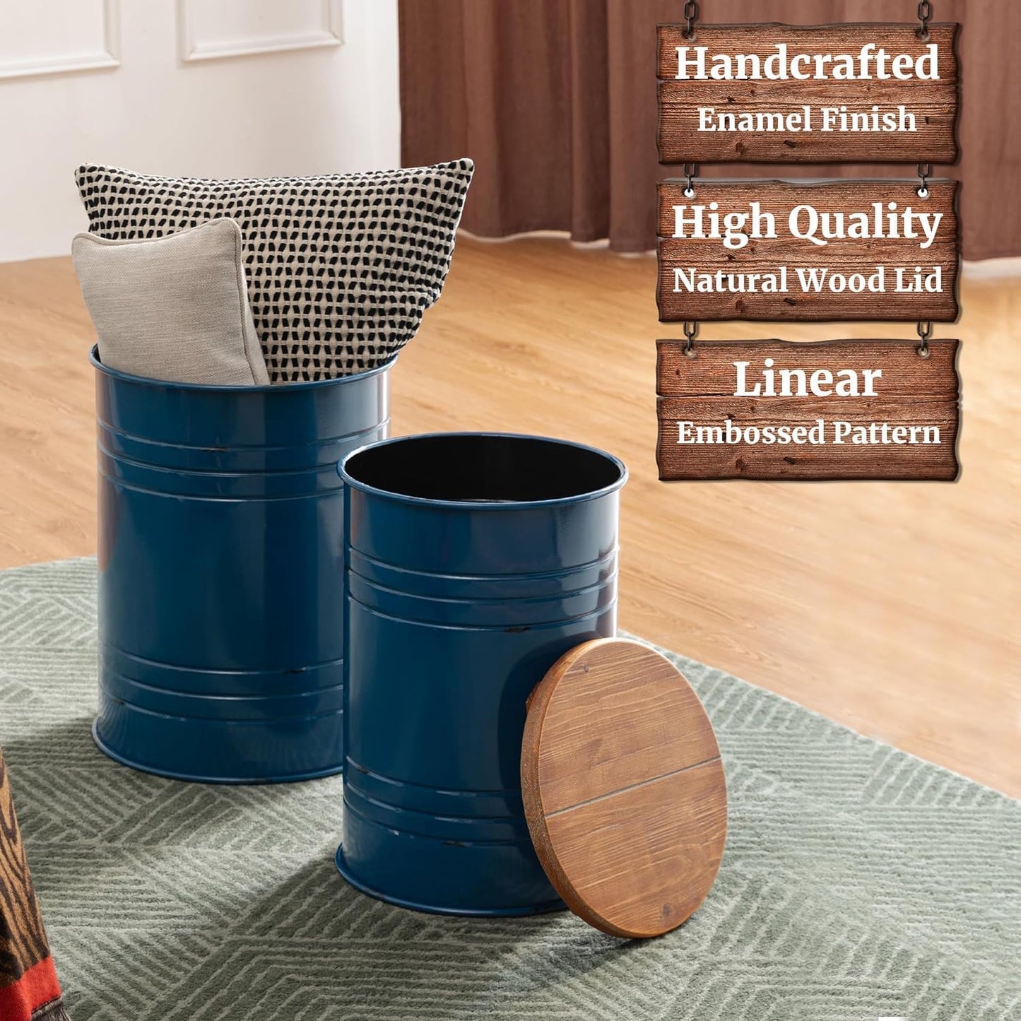 Glitzhome Farmhouse Accent Side Table, Metal Storage Stool Ottoman with Round Lid - Galvanized Coffee Cocktail End Tables Set of 2 for Living Room Bedroom, Navy Blue