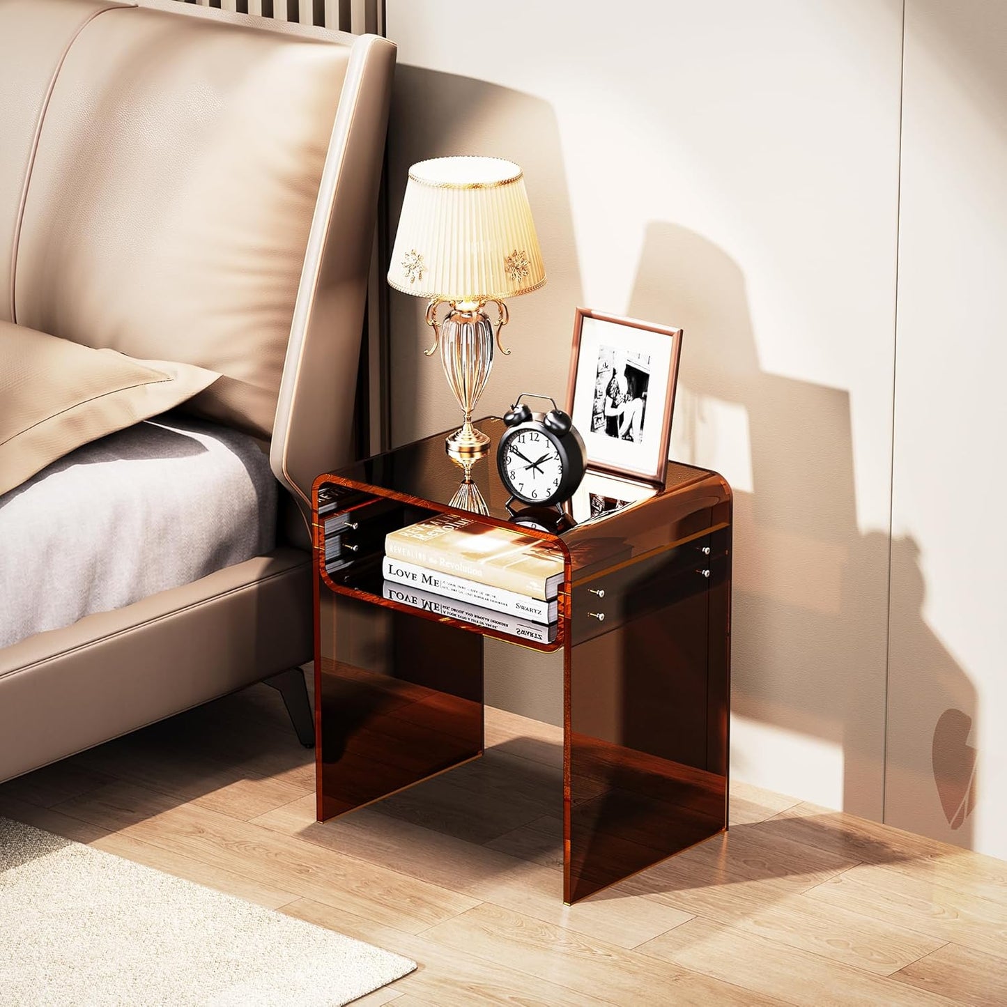 Clear Acrylic End Table 2-Tier Bedside Nightstand for Living Room Bedroom (1, Dark Brown)