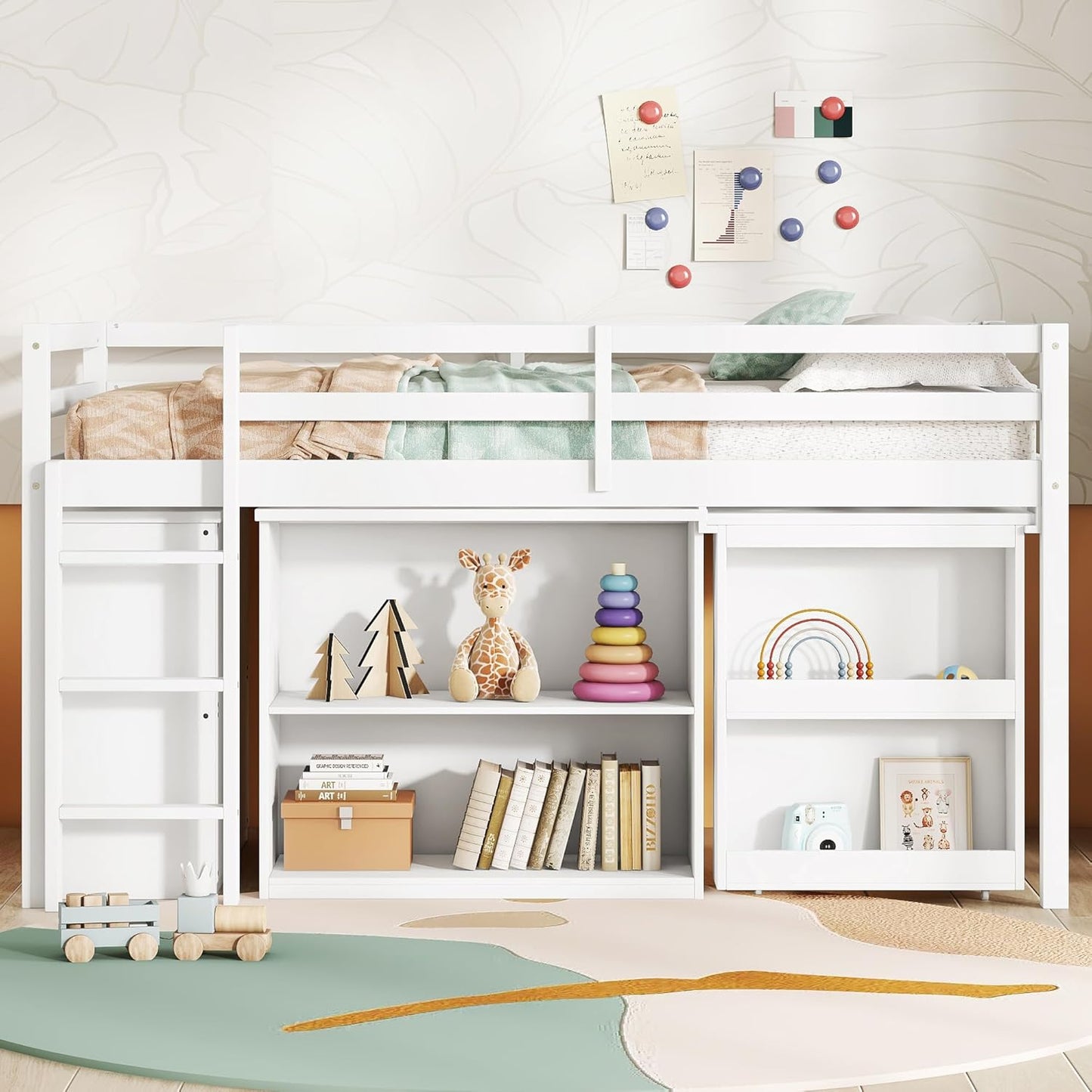 KEIKI Twin Loft Bed with Pull-Out Desk, Drawers & Open Shelves, Wooden Bed Frame with Guardrail, Low Design for Kids, White