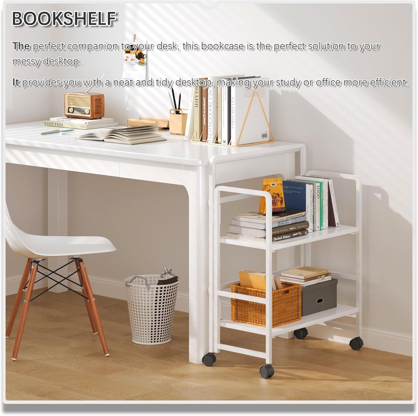 4NM 2 Tiers No-Assembly Folding Bookshelf with Wheels, Portable Rolling Storage Foldable Bookcase & Compact Side Table for Living Room, Bedroom, Kitchen, Bathroom (All White)