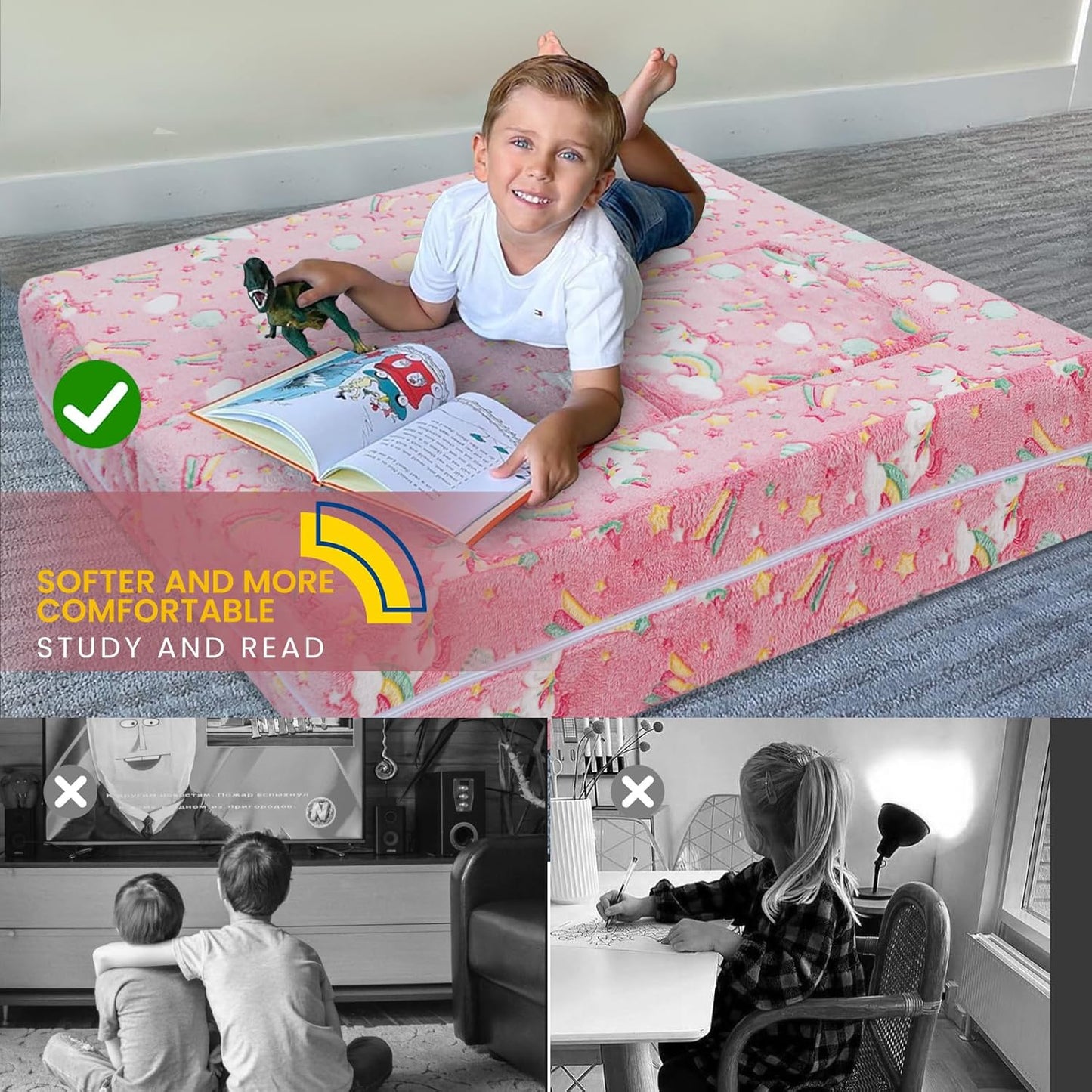 MeMoreCool Modular Kids Sofa,Toddler Play Couch Fold Out for Playroom, Glow in Dark Convertible Plush Unicorn Foam Chair for Baby Childrens