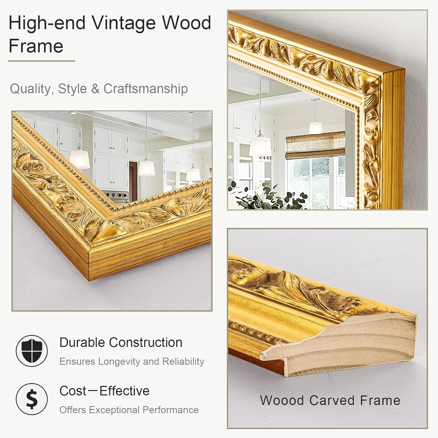 Large Vintage Mirror for Wall, 46''x 22'' Gold Antiuqe Living Room Mirror with Ornate Wood Frame, Decorative Mirrors for Entryway, Bathroom, Foyer, Hangs Horizontally or Vertically