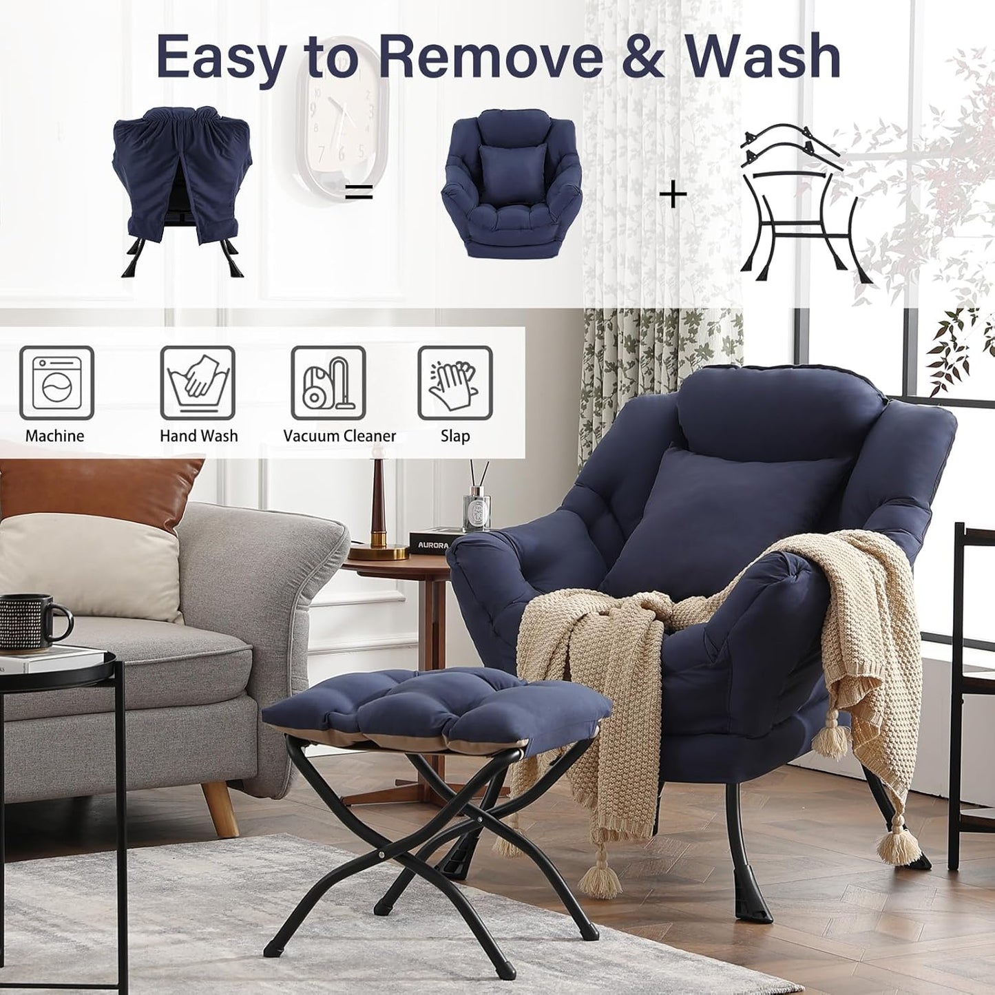 Large Lazy Chair with Ottoman, Accent Reading Chair with a Throw Pillow, Cozy Lounge Chair with Armrest, Leisure Sofa Chair for Living Room, Bedroom, Dorm, Peach Navy