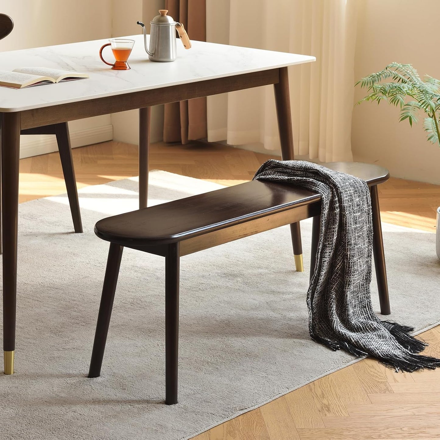 Walnut Solid Wood Bench, 47.3" L – Narrow Mid-Century Wooden Bench for Entryway, Kitchen, Dining, Bedroom & Shoe Storage